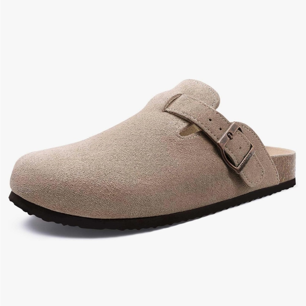 Suede clogs, slip ons with buckle and cork bottoms size 8 - Picture 2 of 4
